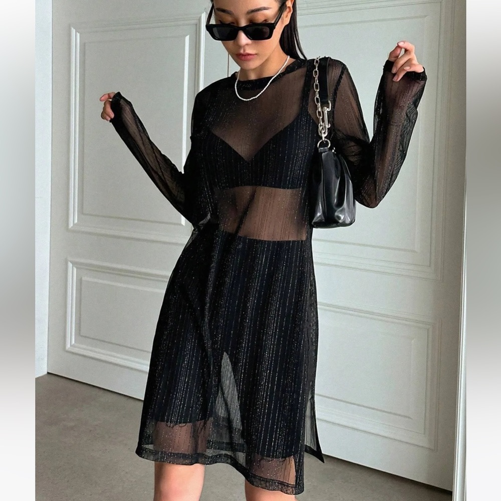 Black and glitter solid sheer mesh top